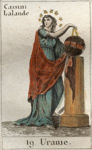 Darstellung von Urania, Muse der Astronomie und Astrologie, sie hält einen Globus und einen Zirkel. Aus „Mythologie der Jugend“ von Pierre Blanchard 1803