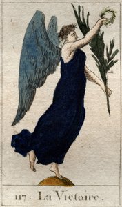 Darstellung des Sieges, geflügelte Frau mit einem Olivenzweig und einem Lorbeerkranz. Aus „Mythologie der Jugend“ von Pierre Blanchard 1803