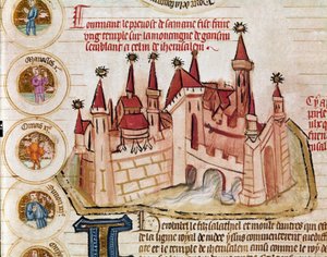 Darstellung einer befestigten Stadt ähnlich der von Jerusalem. Seite aus dem Manuskript Genealogie der Bibel der französischen Schule. 14. Jahrhundert. Cremona, Biblioteca Governativa
