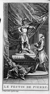 Darstellung einer Szene aus dem Stück "Dom Juan ou le festin de Pierre" (1665) von Jean Baptiste Poquelin dit Moliere (1622-1673). Gravur von 1739.