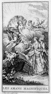 Darstellung einer Szene aus dem Stück "Les amants magnifiques" (1670) von Jean Baptiste Poquelin dit Moliere (1622-1673). Gravur von 1740. von French School