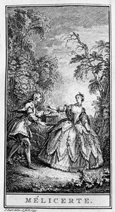 Darstellung einer Szene aus dem Stück „Melicerte“ (1666) von Jean Baptiste Poquelin genannt Moliere (1622-1673). Gravur von 1739. von French School