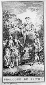 Darstellung einer Szene aus dem Stück „Prologue de Psyche“ von Jean Baptiste Poquelin genannt Moliere (1622-1673). Gravur von 1740.