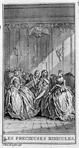 Darstellung einer Szene aus dem Stück "Les précieuses ridicules" (1659) von Jean Baptiste Poquelin dit Moliere (1622-1673). Gravur von 1738.