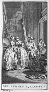 Darstellung einer Szene aus dem Stück "Les femmes savantes" (1672) von Jean Baptiste Poquelin dit Moliere (1622-1673). Gravur von 1740.