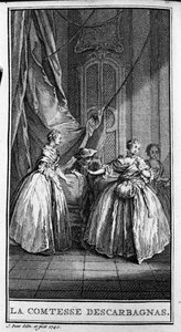 Darstellung einer Szene aus dem Stück „Die Gräfin von Escarbagnas“ (1671) von Jean Baptiste Poquelin genannt Moliere (1622-1673). Gravur von 1740.