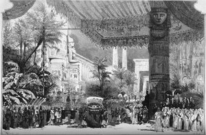 Aufführung einer Oper: „Aida“ von Giuseppe Verdi (1813-1901). Allee der Sphinxen an den Toren von Theben (2. Bild, 2. Akt). Dekor von Lavastre Young (Jean Baptiste Lavastre) von French School