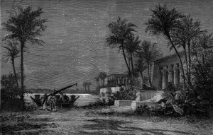Aufführung einer Oper: „Aida“ von Giuseppe Verdi (1813-1901). Die Ufer des Nils (3. Akt). Dekor von Jean Louis Chéret (1820-1882). Gravur von Scott in „Le Monde Illustré“ Nr. 1201 vom 3. April von French School