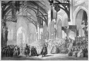 Darstellung einer Oper: Landgrafenpalast in Wartburg. Szenografie von Akt II von „Tannhäuser“ von Richard Wagner. Opéra de Paris