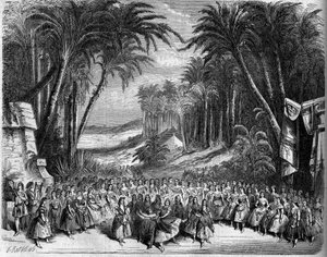 Darstellung einer Oper: Bühnenbild des 2. Aktes von „Die Königin von Saba“ nach einem Libretto von Michel Carré (1819-1872) und Jules Barbier (1822-1901) und Musik von Charles Gounod (1818-1893). Paris, Théâtre de l