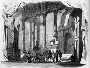 Darstellung einer Oper: Bühnenbild des 1. Aktes von „Salvador Rosa“ nach einem Libretto von Henry Trianon (1811-1896) und Eugène Grange (1810-1887), und Musik von Jules Laurent Duprato (1827-1892). Paris, Opéra Comique