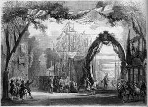 Darstellung einer Oper: Bühnenbild des 1. Akts von „Le Chateau Trompette“, basierend auf einem Libretto von Eugene Cormon (1811-1903) und Michel Carre (1822-1872), und einer Musik von Francois Auguste Gevaert (1828-1908). Paris, Opera Comique