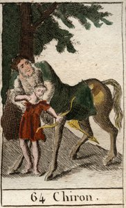 Darstellung des Zentauren Chiron, halb Mensch halb Pferd, Meister der Bogenschießkunst, er lehrt diese Kunst Achilles. Aus „Mythologie der Jugend“ von Pierre Blanchard 1803.