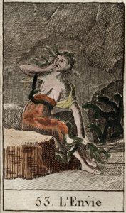 Darstellung des Neids, verkörpert durch eine alte Frau, die Schlangen hält, während eine andere Frau an ihrer Brust nagt. Aus „Mythologie der Jugend“ von Pierre Blanchard 1803.