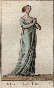 Darstellung des Glaubens, Frau in Weiß gekleidet mit gefalteten Händen. Aus „Mythologie der Jugend“ von Pierre Blanchard 1803 von French School
