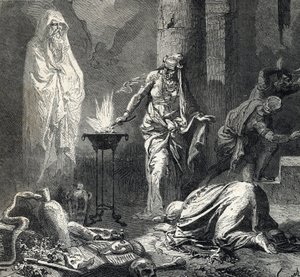 Darstellung der Hexe von Endor (oder Pythonisse von Endor), ein kanaanitisches Dorf, das im ersten Buch Samuel (Bibel) erwähnt wird, das einen Talisman hat, mit dem sie den Geist des kürzlich verstorbenen Propheten Samuel auf Wunsch von Saul, König von Isr