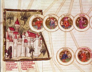 Darstellung der Stadt Nimrud (Kalkhu oder Kalhu oder Kalwakhum und Kalakh) und die Genealogie der Familie von Laban und Rebecca Seite aus dem Manuskript „Genealogie der Bibel“ der französischen Schule. 14. Jahrhundert Cremona, Biblioteca Governativa von French School