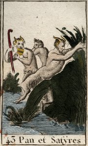 Darstellung des ländlichen Gottes Pan und Satyrn. Er hat behaarte Schenkel, Ziegenfüße und spielt Flöte (Syrinx). Aus „Mythologie der Jugend“ von Pierre Blanchard 1803