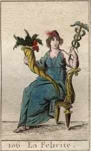 Darstellung der Göttin des Glücks (oder Eudämonie), die in einer Hand einen Stab und in der anderen ein Füllhorn hält. Aus „Mythologie der Jugend“ von Pierre Blanchard 1803.