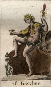 Darstellung des Weingottes Bacchus, der einen Becher in der Hand hält. Aus „Mythologie der Jugend“ von Pierre Blanchard 1803 von French School