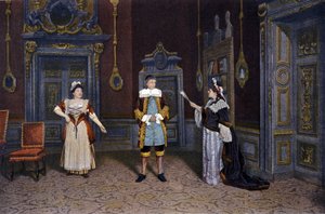 Darstellung des Stücks "Les femmes savantes" von Jean Baptiste Poquelin dit Moliere (1622-1673) an der Comédie-Française um 1885-1890. Von links nach rechts: Frau Rachel Boyer, Herr Leloir, Frau Blanche Pierson