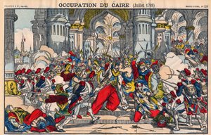 Darstellung des Aufstands der Einwohner von Kairo gegen die französische Besatzung unter der Führung von Bonaparte am 21. Oktober 1798. Epinal-Bild.