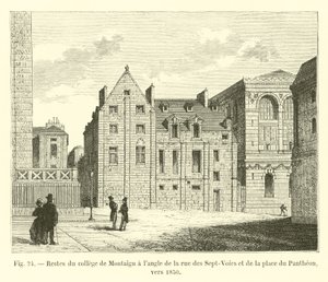 Überreste des Collège de Montaigu an der Ecke der Rue des Sept-Voies und des Place du Panthéon, um 1850 von French School