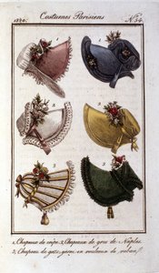 Restaurationsmode: verschiedene Modelle von Hüten für Frauen in Krepp, Gaze, Samt. Gravur von 1820 von French School