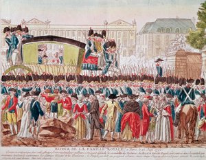 Rückkehr der französischen Königsfamilie nach Paris, 25. Juni 1791, die Gruppe überquert den Place de la Concorde (Gravur)