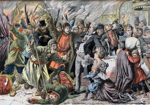 Revolution von 1905 - Aufständische russische Bauern stürmen ein Landhaus. Illustration für Le Petit Journal, 2. April 1905 von French School