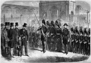 Revue der Schüler der kaiserlichen Garde durch den kaiserlichen Prinzen Napoleon Eugene Louis Jean Joseph Bonaparte (1856-1879), Sohn von Napoleon III, 15. Februar
