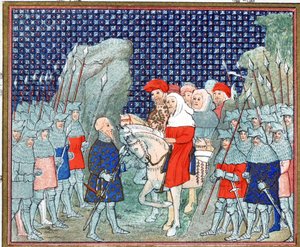 Richard II. wird in Penmaur Rhos verraten und vom Herzog von Northumberland gefangen genommen, Faksimile-Kopie aus Le Prinse et Mort du Roy Richart von Jean Creton, nachgedruckt im 19. Jahrhundert von French School