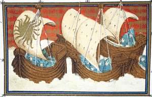 Richard II. und seine Flotte landen in Milford Haven, Faksimile-Kopie aus Le Prinse et Mort du Roy Richart von Jean Creton, nachgedruckt im 19. Jahrhundert