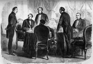 Risorgimento - Vertrag von Zürich - 10. November 1859: Unterzeichnung des Vertrags von Zürich durch die Bevollmächtigten von Frankreich, Österreich und Sardinien. Österreich muss die Lombardei an Italien abtreten. Gravur in „Le Monde Illustré“ Nr. 136 vom 