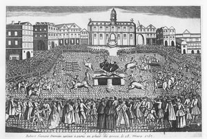 Robert-Francois Damiens auf der Place de Grève, Paris, 28. März 1757, hingerichtet