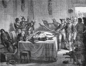 Robespierre wartet auf die Hinrichtung, nachdem er sich 1794 in den Kiefer geschossen hat