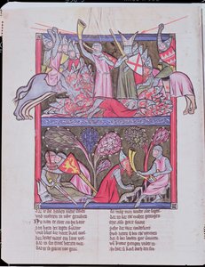 Roland bläst das Horn bei Roncevaux, Illustration aus Le Chanson de Roland, Kopie eines Originalmanuskripts in Saint-Gall, Schweiz