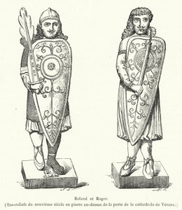 Roland und Roger, Basreliefs aus dem neunten Jahrhundert aus Stein über der Tür der Kathedrale von Verona (Stich) von French School