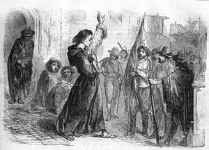 Romanserie: „Erinnerungen an Joseph Garibaldi“ von Alexandre Dumas (1802-1870). Ugo Bassi (1800-1849) hält eine Ansprache, um die Bevölkerung zur Teilnahme am Risorgimento 1848 zu ermutigen. Gravur in „Les bons romans“