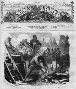 Roman: „Notre Dame de Paris“ von Victor Hugo. Ein Mann zieht zwei Frauen über das Pflaster. Gravur in „Les bons romances“