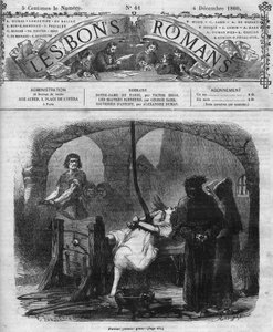Romanserie: "Notre Dame de Paris" von Victor Hugo (1802-1885). Verhör und Folter von Esmeralda. Gravur in "Les bons romances"