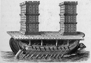 Römisches Schiff mit Türmen. Gravur in „La Marine et les colonies: commerce“