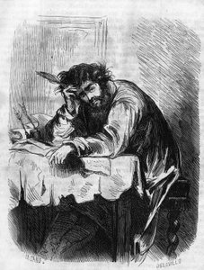 Römische Seifenoper: „Horace“ von George Sand (Aurore Dupin, Baronne Dudevant) (1804-1876). „Horace war mit literarischen Essays beschäftigt.“ Gravur in „Les bons romances“ von French School