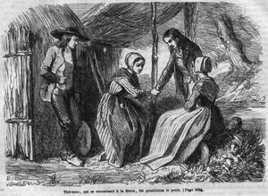 Roman: „Die Meisterglocken“ von George Sand. Therence nimmt das Huhn. Gravur in „Les bons romances“ von French School