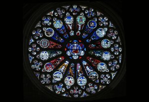 Rosettenfenster, das die letzten fünfzehn Tage der Welt und die Werke der Monate darstellt von French School