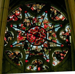 Rosettenfenster, das Laster und Tugenden darstellt von French School