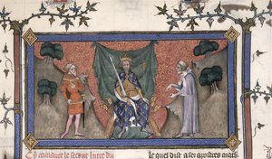 König Karl V. (1337-80) von Frankreich thront mit Krone, Schwert und Zepter zwischen einem Ritter und einem Schreiber
