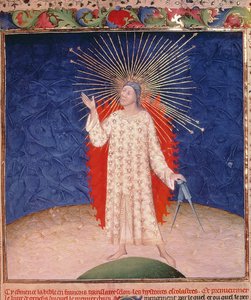 Gott umgeben von Feuer mit einem Paar Zirkel, aus der Bible Historiale von Guyart des Moulins, ca. 1411 von French School