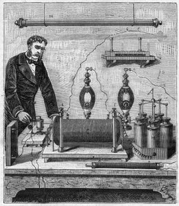 Ruhmkorff-Induktor - Die Induktionsspule von Ruhmkorff (Heinrich Daniel Ruhmkorff) - Gravur in „Wissenschaften für jedermann - Physik und Chemie“ von Alexis Clerc - Ende 19. Jahrhundert - Private Sammlung
