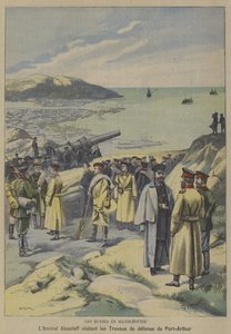 Russischer Admiral Jewgeni Alexejew besucht Verteidigungsanlagen im Bau in Port Arthur, Mandschurei, am Vorabend des Russisch-Japanischen Krieges von French School